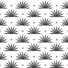 Fototapeta premium Seamless boho pattern with abctract sunset sun and star. Minimal black illustration on white background. Surface cover design. Fabric textile print.
