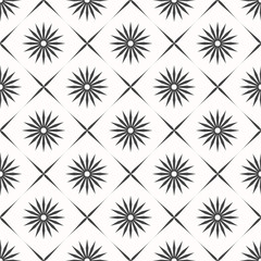 Seamless boho pattern with abctract sun. Minimal black illustration on white background. Surface cover design. Fabric textile print.