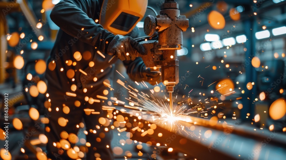 Poster engineers monitor and control automatic arm welding robots in the automotive industry. blurred digit