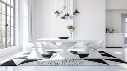 Ultramodern dining setting in a minimalist white room with highgloss finishes and a geometric white table Accents include a striking black and white rug under the table Composed us
