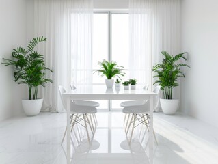 A pristine white minimal dining room featuring a sleek