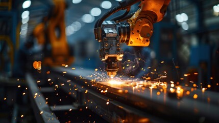 Engineers monitor and control automatic arm welding robots in the automotive industry. Blurred digital manufacturing operations, digital i, industry 4.0, digital i