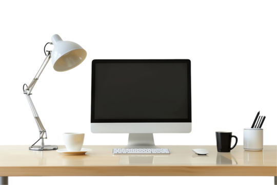 Desktop setup with monitor, mouse, and keyboard on white table - Powered by Adobe