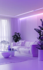 Modern white living room with purple lighting in the style of glitch aesthetic, featuring elements like confessional grid and ceramic.
