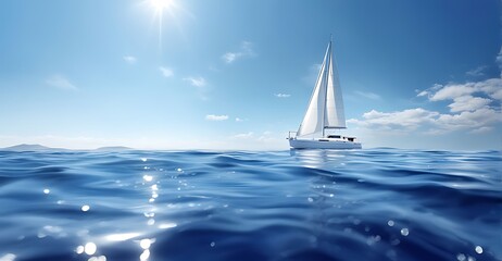  A sailboat on the open sea with a clear blue sky and sunlight in the background. white boat on blue sea 