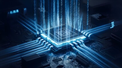 Computer processing unit with blue binary digit. Generated with ai. 
