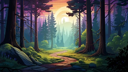 The image is a beautiful landscape of a forest with a path leading through it