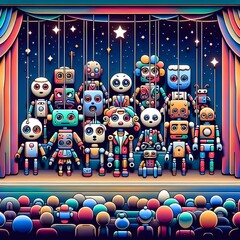 Vector illustration of a group of robots in the circus at night.