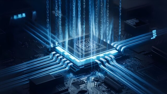 Computer processing unit with blue binary digit. Generated with ai. 