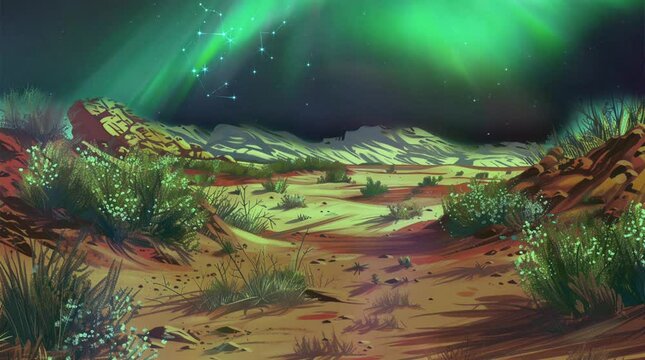 pemandangan langit aurora di gurun pasir . gaya kartun dan tema arab. animasi ilustrasi 4k yang berjalan dengan mulus dan berulang.