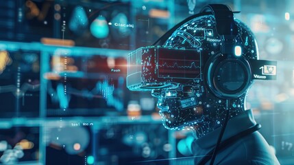 Fototapeta premium Digital healthcare and networking on modern virtual screens Close up of headphones and digital tablet with virtual patient's medical record on the interface.