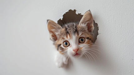 "Curiously, A Cute And Adorable Kitten Peeks Through A Hole In A White Wall."