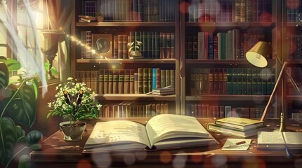 
open book in library with floral decoration in fantasy style. cartoon and fantasy style. 4k animated background video that runs periodically and smoothly.