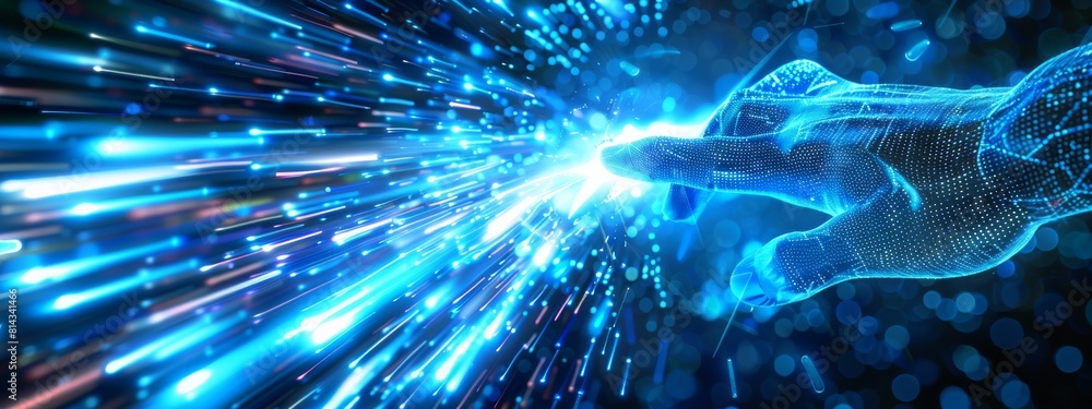 Poster hand touching a futuristic digital interface, symbolizing connections in cyberspace with holograms a