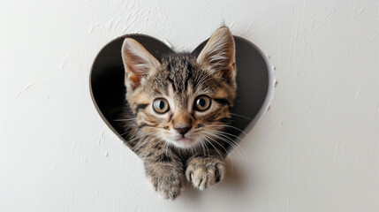 "Filled With Curiosity, A Cute And Adorable Kitten Peeks Through A Heart-Shaped Hole In A White Wall."


