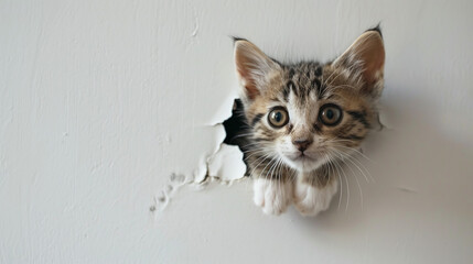 "A Cute And Adorable Kitten Peeks Through A Hole In A White Wall."