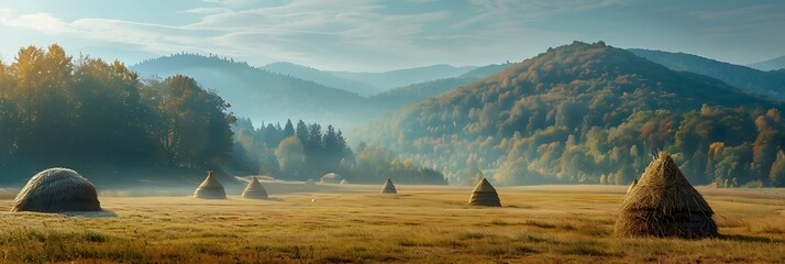 Mountain hills with forest, Haystacks on meadow in autumn season realistic nature and landscape