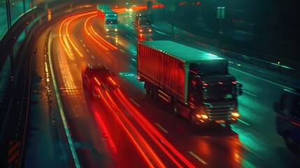 Trucks on highway, street in night time. Motion blur, light trails. Transportation, logistic. Time lapse, hyper lapse of transportation. Abstract soft glowing lines. Ai generative