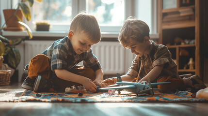 Two boys are playing with a model airplane in the room.