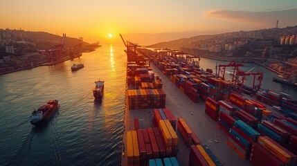 The sun sets over a bustling industrial shipping port, loaded with colorful containers and cranes, highlighting global trade. generative ai
