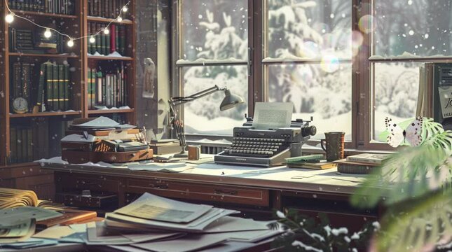 illustration of a workroom with a typewriter. Winter painting style, 4k background animation seamless and looping
