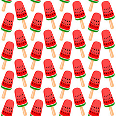 Popsicle ice cream with watermelon taste seamless vector pattern, colorful summer background, textile print, wallpaper, packaging.