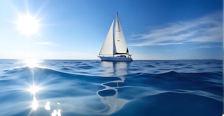 Fototapeta premium A sailboat on the open sea with a clear blue sky and sunlight in the background. white boat on blue sea 