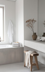Modern bathroom with clean lines and neutral tones in Scandinavian simplicity style, featuring soft white walls.
