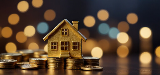 Real estate and home concept, close up of a golden house model and stacked coins background, Building construction