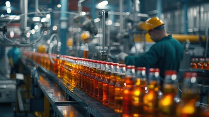 Obraz premium Factory industrial, A Beverage factory production line supervisor and employees working together on beverage production line in beverage factory, industrial background.