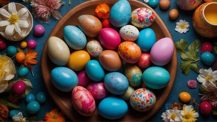 Fototapeta premium Easter day background in a field of flowers and eggs