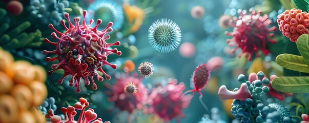 Obraz premium A ing of a colorful and detailed microscopic world, full of microorganisms, bacteria, and other tiny organisms.