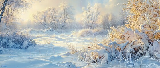 A Serene Landscape Painting of a Snow-Covered Countryside