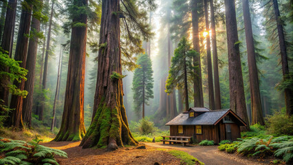 Misty morning in the redwood forest, highlighting a cozy cabin surrounded by ancient trees 