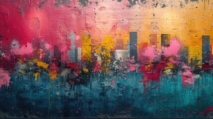 Urban Vintage Wall Art with Grunge Texture and Colorful Graffiti Design amid a Cityscape, featuring...