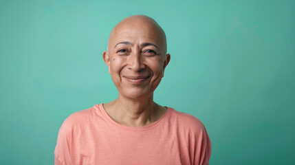 Fototapeta premium A woman with a shaved head is smiling, cancer patient with chemotherapy