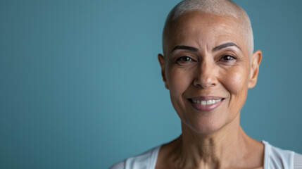 A woman with a shaved head is smiling, cancer patient with chemotherapy