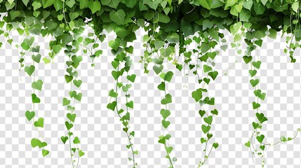 Vines with heart-shaped leaves hanging on the white background, isolated on a transparent 