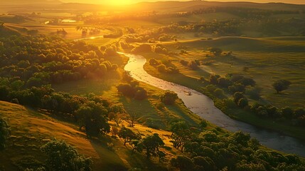 Picturesque Countryside Landscape with Serene River and Warm Sunset Glow