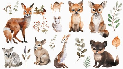 Watercolor Illustrations of Adorable Animals in Various Poses, Perfect for Children's Educational Materials and Storybooks