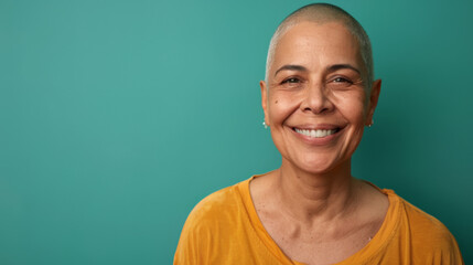 A woman with a shaved head is smiling, cancer patient with chemotherapy