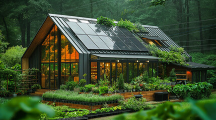 A sustainable garden with a large greenhouse incorporating solar panels for grow lights and compost bins for fertilizer