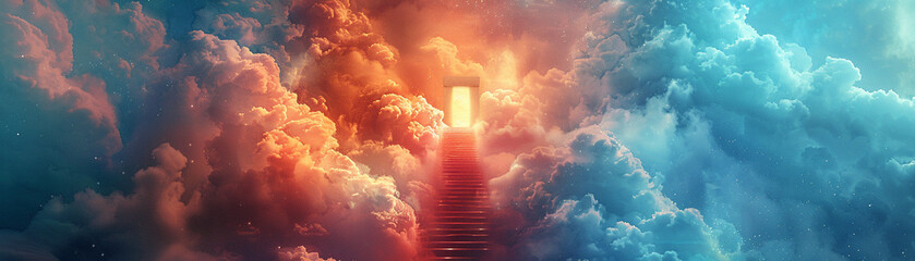 Obraz premium Stairway leading to a door in the clouds, top view, Stairway to heaven, mystical tone, Triadic Color Scheme