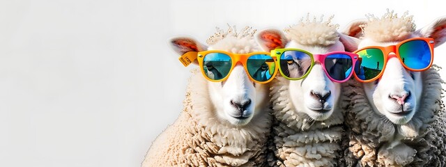 Three stylish sheep adorned in vibrant sunglasses, standing out against a crisp white background