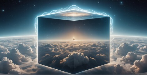  a translucent cube traps eerie clouds, the starsscape warps
