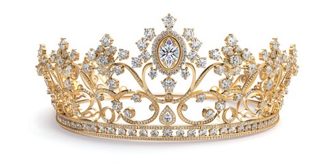 Golden royal crown with diamonds on white background