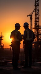 Fototapeta premium Two construction workers are standing on a rooftop watching the sunset. They are both wearing hard hats and safety vests. The sun is setting behind them.