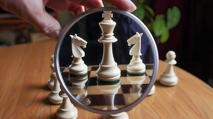 A magnifying glass is held over a chessboard, focusing on the white king.