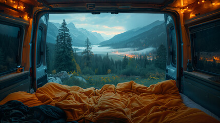 Dreamy view from camper van bed at night