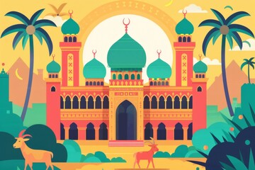 Fototapeta premium Eid Al Adha Banner Design Vector Illustration. Islamic and Arabic Background for Muslim Community Festival. Moslem Holiday. 3D Modern Islamic suitable for Ramadan, Raya Hari, Eid al Adha and Mawlid.